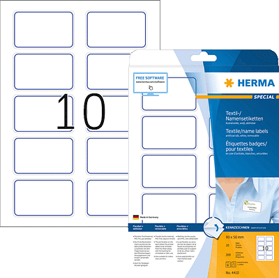 Herma 4410 Namensetiketten 80x50mm weiß mit blauem Rahmen Acetat-Seide A4 20 Blatt A4200 