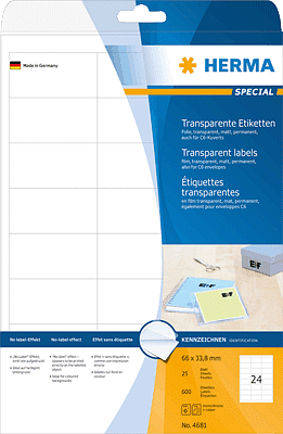 Herma 4681 Folienetiketten 66x33mm transparent matt 25 Blatt A4 VE600