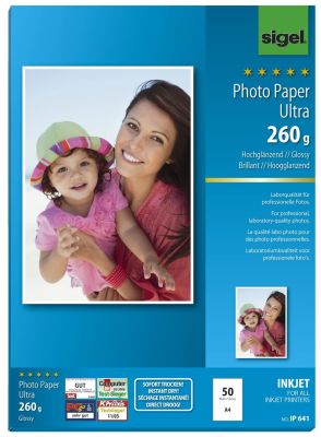 SIGEL Inkjet Fotopapier Ultra - hochglänzend, 260 g/qm, 50 Blatt IP641