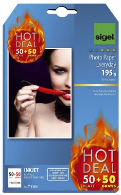 SIGEL InkJet-Everyday Photo-Papier - 10x15 cm, hochglänzend, 195 g/qm, 50+50 Blatt T1154